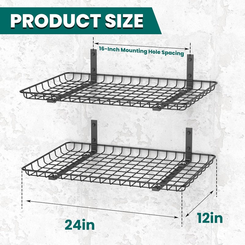 EVERHANGER Garage Wall Shelves 12x24 Inch, Wall Mounted Storage Shelf, Metal Shelf Rack, Heavy-Duty Shelf Organizer 2 Pack, Black - Image 2